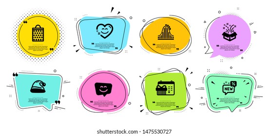 Smile face, Gift and Santa hat line icons set. Chat bubbles with quotes. New, Roller coaster and Christmas calendar signs. Shopping bag, Smile chat symbols. Chat, New year. Holidays set. Vector