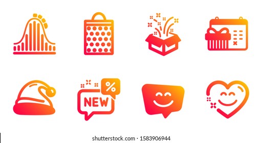 Smile face, Gift and Santa hat line icons set. New, Roller coaster and Christmas calendar signs. Shopping bag, Smile chat symbols. Chat, New year. Holidays set. Gradient smile face icons set. Vector