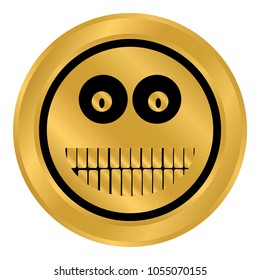 Smile face gold button, gold on black background. Vector illustration.