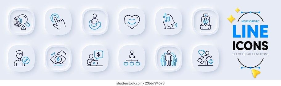 Smile face, Group and Management line icons for web app. Pack of Cursor, Edit person, Stress pictogram icons. Nurse, Patient, Business person signs. Voicemail, Share, Fingerprint. Love heart. Vector