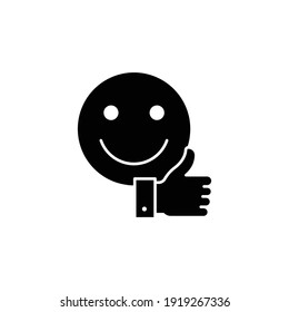 Smile face and hand thumb up glyph icon. Like, happy, favorite, love, and testimonials concept. Simple solid style. Vector illustration isolated on white background. EPS 10.