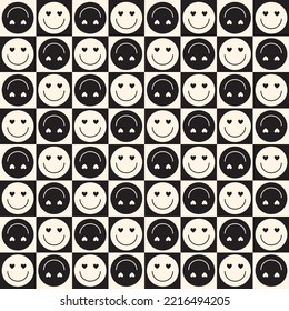 Smile Face Happy Checkerboard 90er Y2K Graic Grid Cool Retro Herz Nahtlose Wiederholung Muster Hintergrund Schwarweiß