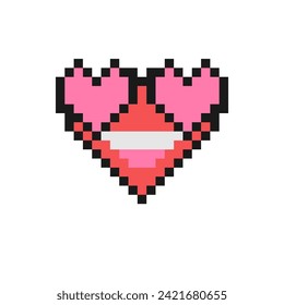 Smile face with heart eyes vector illustration. Pixel style red emoji convey feelings of love and attraction. Vintage 90s style heart shaped emoticon. Pixelated retro game 8 bit design with outline.