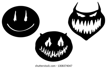 Smile face horror transformation stencil black, vector illustration, horizontal, isolated