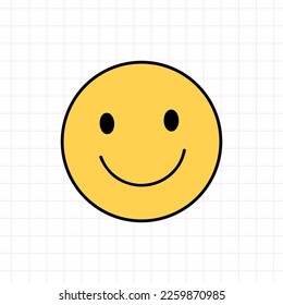 Smile face icon in the style of the 90s. Vector hand-drawn doodle illustration isolated on white background. Nostalgia for the 1990s. Perfect for cards, decorations, logo, stickers.