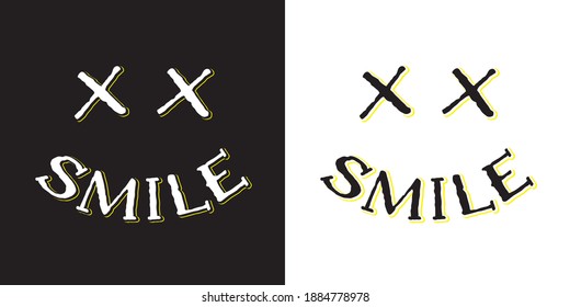 Smile face icon or symbol. A happy face emoticon with X's as eyes and written text "smile" as upwards mouth. Modern black and white versions with acid yellow stroke. 