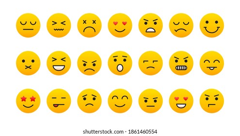 Smile face icons, emoji set isolated on white background, different emotions. Vector illustration