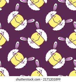 Smile face inside bunny, illustration for background seamless pattern. Modern vintage, pop art style seamless pattern concept.