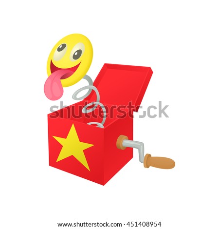Smile face jumping out from a box icon in cartoon style on a white background