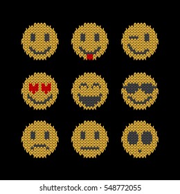 Smile face knitted flat icons set of different emotion. Faces - joy, sadness, anger, love,surprise. Creative idea for design. Vector elements