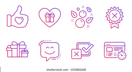 Smile face, Like hand and Checkbox line icons set. Romantic gift, Clean bubbles and Reject medal signs. Holiday presents, Web timer symbols. Chat, Thumbs up. Business set. Vector