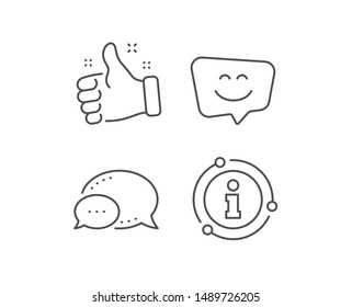 Smile face line icon. Chat bubble, info sign elements. Happy emoticon chat sign. Speech bubble symbol. Linear smile face outline icon. Information bubble. Vector