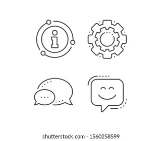 Smile face line icon. Chat bubble, info sign elements. Happy emoticon chat sign. Speech bubble symbol. Linear smile face outline icon. Information bubble. Vector