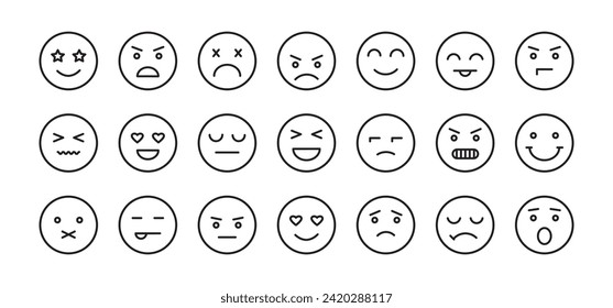 Icono de la línea de la cara sonriente, diseño de contorno de conjunto de vector emoticono, diferente emoji aislado en fondo blanco. Ilustración de ánimo de expresión