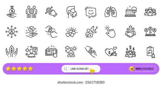 Smile face, Love gift and Income money line icons for web app. Pack of Networking, Medical mask, Inspect pictogram icons. Helping hand, Salary employees, Fair trade signs. Cursor. Search bar. Vector