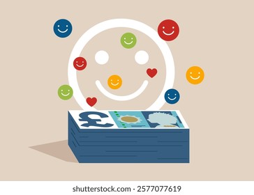 Smile face with lovely heart metaphor of happiness and joyful. Work happiness, enjoy working or career satisfaction. Pound sterling banknote. British money. Currency. Flat vector illustration