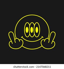 Smile Face With Middle Finger Gesture T-shirt Print.Vector Hand Drawn Cartoon Character Illustration.Smile Smiley Face, Middle Finger Gesture Print For T-shirt,poster,logo,badge,cover,sticker Concept
