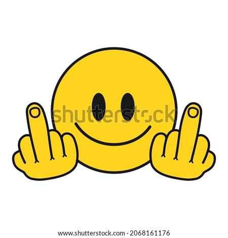 Smile face with middle finger gesture t-shirt print.Vector hand drawn cartoon character illustration.Smile face, smiley middle finger gesture print for t-shirt,poster,logo,badge,cover,sticker concept
