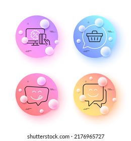 Smile face, Online shopping and Shopping cart minimal line icons. 3d spheres or balls buttons. Yummy smile icons. For web, application, printing. Chat, Black friday, Dreaming of gift. Emoticon. Vector