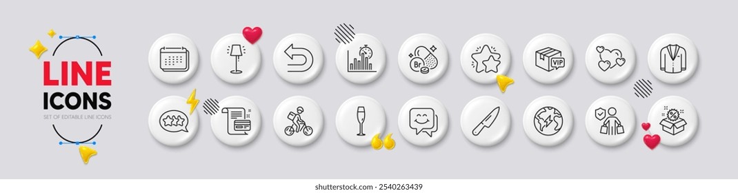 Rosto sorridente, Cartão de pagamento e ícones da linha do Calendário. Botões brancos Ícones 3D. Pacote de eletricidade, mineral de bromo, ícone Desfazer. Copo de champanhe, venda, pictograma do coração. Vetor