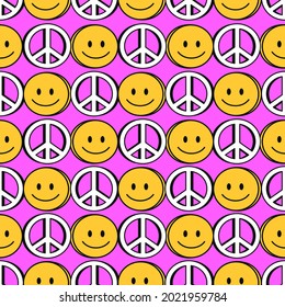 Smile face and peace symbol
seamless pattern. Vector hand drawn doodle 90s style cartoon character illustration. Smile face, peace symbol print for t-shirt,poster, card seamless pattern concept
