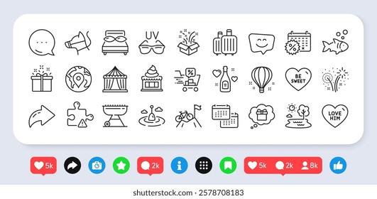 Smile face, Puzzle and Gift dream line icons pack. Social media: share, comment, like icons. Circus tent, Air balloon, Fireworks web icon. Pillows, Baggage, Special offer pictogram. Vector