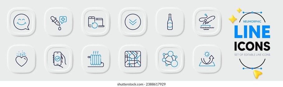 Smile face, Recovery devices and Chemistry pipette line icons for web app. Pack of Scroll down, Financial app, Heart pictogram icons. Integrity, Metro map, Sun protection signs. Radiator. Vector