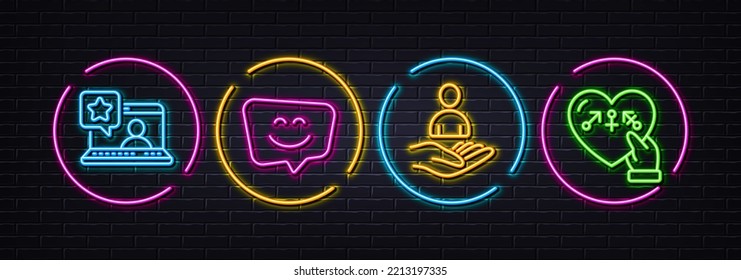 Smile face, Recruitment and Online rating minimal line icons. Neon laser 3d lights. Genders icons. For web, application, printing. Chat, Hr, Favorite message. Inclusion. Neon lights buttons. Vector