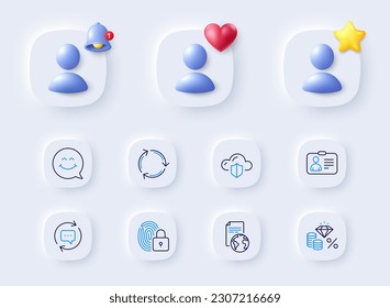 Iconos de la línea de protección de la nube, la cara de sonrisa y el reciclaje. Marcador de posición con campana 3d, estrella, corazón. Paquete de tarjeta de identificación, Actualizar comentarios, icono de servicio de traducción. Impuesto al dinero, pictograma de bloqueo. Vector