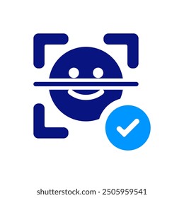 Cara de la sonrisa con la línea de exploración a través de él y marca de verificación, colores azul profundo y azul claro, que representan el reconocimiento facial o la verificación, Formas geométricas simples, limpias, seguras y fáciles de usar.