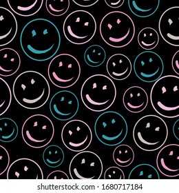 Smile Face Seamless Pattern. Texture doodle art. Isolated line simple illustration. For print, icon, logo, poster, symbol, design, decor, textile, paper, card, invitation, holiday. Eps10.