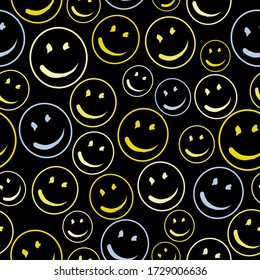 Smile Face Seamless Pattern. Texture doodle art. Isolated line simple illustration. For print, icon, logo, poster, symbol, design, decor, textile, paper, card, invitation, holiday. Eps10.