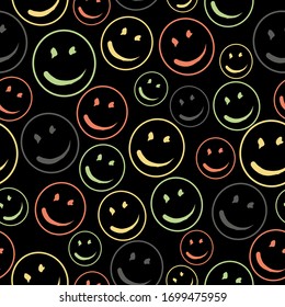 Smile Face Seamless Pattern.  Vector Background Texture. Cute seamless pattern with emoji and abstract geometric shapes in memphis style. Eps10.