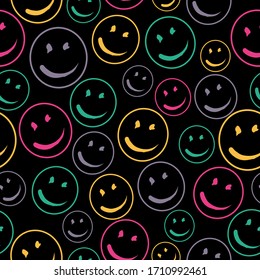 Smile Face Seamless Pattern.  Vector Background Texture. For print, icon, logo, poster, symbol, design, decor, textile, paper, card, invitation, holiday. Eps10.