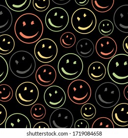 Smile Face Seamless Pattern.  Vector Background Texture. Cute seamless pattern with emoji and abstract geometric shapes in memphis style. Eps10.
