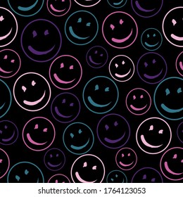 Smile Face Seamless Pattern.  Vector Background Texture. Cute seamless pattern with emoji and abstract geometric shapes in memphis style. Eps10.