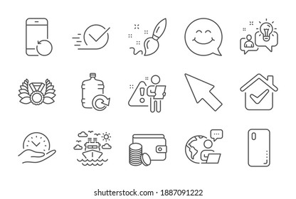 Smile face, Ship travel and Paint brush line icons set. Checkbox, Idea and Payment method signs. Recovery phone, Laureate medal and Mouse cursor symbols. Line icons set. Vector