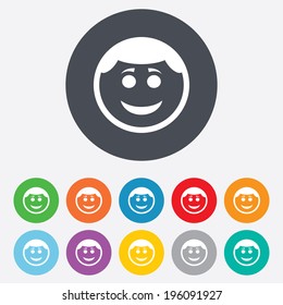 Smile face sign icon. Happy smiley with hairstyle chat symbol. Round colourful 11 buttons. Vector