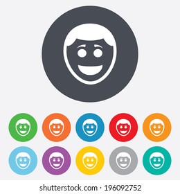 Smile face sign icon. Happy smiley with hairstyle chat symbol. Round colourful 11 buttons. Vector