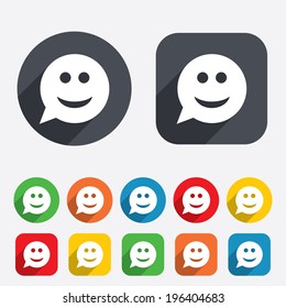 Smile Face Sign Icon. Happy Smiley Chat Symbol. Speech Bubble. Circles And Rounded Squares 12 Buttons. Vector