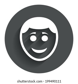 Smile face sign icon. Happy smiley with hairstyle chat symbol. Circle flat button with shadow. Modern UI website navigation. Vector