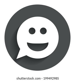 Smile face sign icon. Happy smiley chat symbol. Speech bubble. Circle flat button with shadow. Modern UI website navigation. Vector
