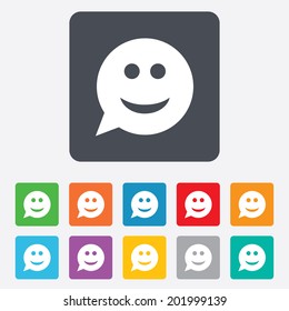 Smile face sign icon. Happy smiley chat symbol. Speech bubble. Rounded squares 11 buttons. Vector