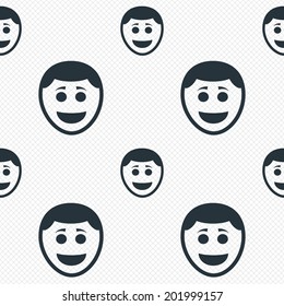 Smile face sign icon. Happy smiley with hairstyle chat symbol. Seamless grid lines texture. Cells repeating pattern. White texture background. Vector