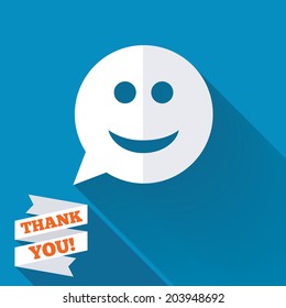 Smile face sign icon. Happy smiley chat symbol. Speech bubble. White flat icon with long shadow. Paper ribbon label with Thank you text. Vector