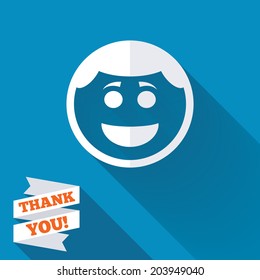 Smile face sign icon. Happy smiley with hairstyle chat symbol. White flat icon with long shadow. Paper ribbon label with Thank you text. Vector
