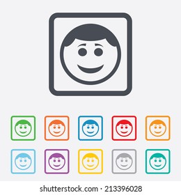 Smile face sign icon. Happy smiley with hairstyle chat symbol. Round squares buttons with frame. Vector