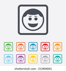 Smile face sign icon. Happy smiley with hairstyle chat symbol. Round squares buttons with frame. Vector