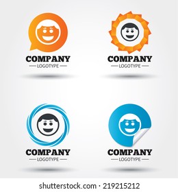 Smile face sign icon. Happy smiley with hairstyle chat symbol. Business abstract circle logos. Icon in speech bubble, wreath. Vector