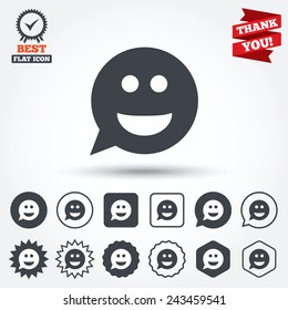Smile face sign icon. Happy smiley chat symbol. Speech bubble. Circle, star, speech bubble and square buttons. Award medal with check mark. Thank you ribbon. Vector